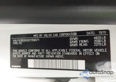 2012 Volvo S80 3.2/3.2 Platinum/3.2 Premier Plus z USA, uszkodzony, nr VIN YV1952AS2C1156571